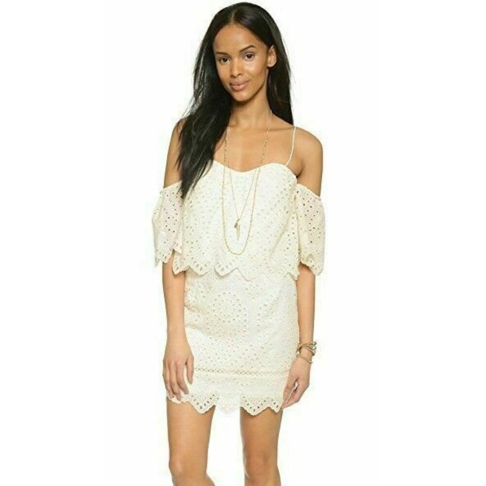 Saylor Women’s Ivory Off Shoulder Eyelet Dress Scalloped Overlay Lined Cocktail - Picture 8 of 13